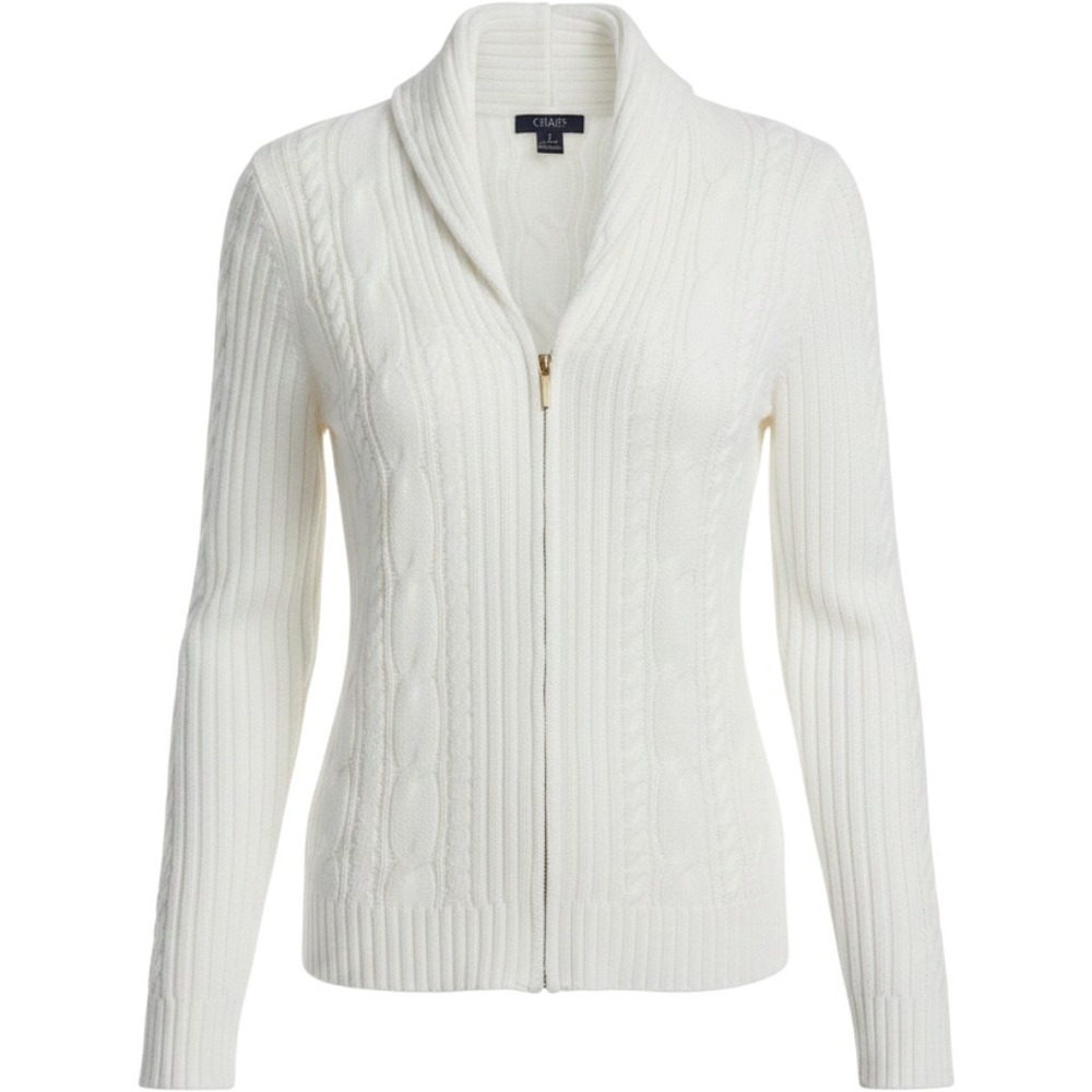 Chaps White Cotton Cable Knit Full Zip Shawl Collar Cardigan Sweater Womens M